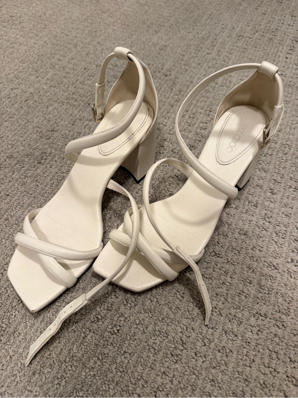 Jimmy Choo White Strappy Square-Toe Block Heel Sandals